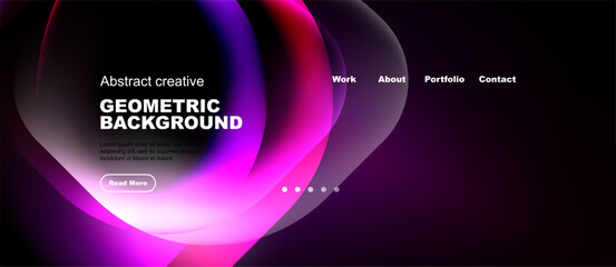 Fototapeta premium Abstract design features vibrant purple, pink hues. Geometric shapes create modern website header. Text details present information.
