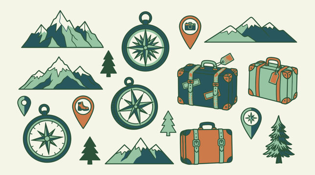 Ensemble d'ic&ocirc;nes de voyage vintage avec des montagnes, des boussoles, des valises et des arbres, illustr&eacute; dans un style graphique plat pour des projets de conception d'aventure.
