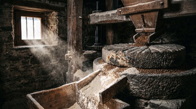 Traditional millstones grinding wheat into flour inside a rustic stone mill workshop
