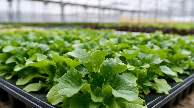 Rows of vibrant green lettuce plants growing in black trays inside a transparent greenhouse structure