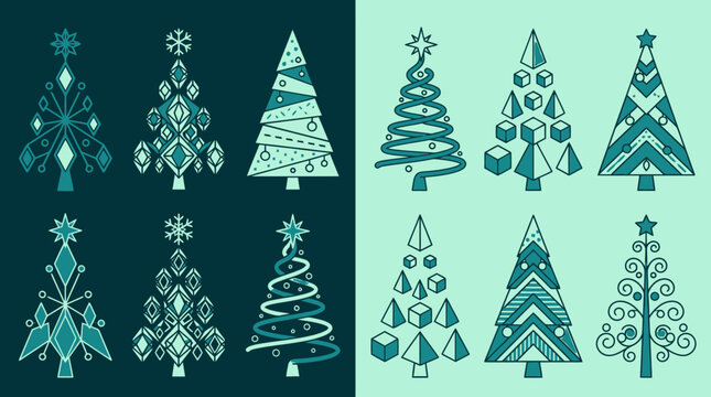 Ensemble d'ic&ocirc;nes vectorielles repr&eacute;sentant des sapins de No&euml;l stylis&eacute;s avec des motifs g&eacute;om&eacute;triques, des ornements abstraits et des designs modernes sur des fonds bicolores contrast&eacute;s.
