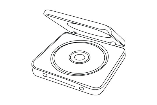 Compact disc player with a cd inside in black line art on transparent background.