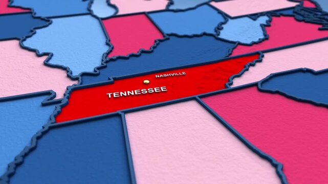 Looped 3D election map animation of the United States zooming into Tennessee state, featuring red, blue, purple and green political outcome variations. 