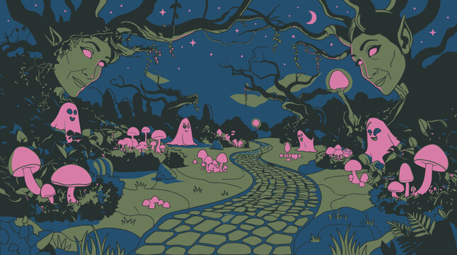 Illustration fantastique d'une for&ecirc;t enchant&eacute;e nocturne avec des esprits fantomatiques, des champignons roses lumineux et des visages d'arbres mystiques le long d'un sentier pav&eacute;.