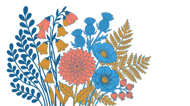 Une illustration vectorielle &eacute;l&eacute;gante d'un bouquet de fleurs sauvages stylis&eacute;es, comprenant des dahlias, des chardons et des foug&egrave;res dans une palette de couleurs bleu, orange et corail.