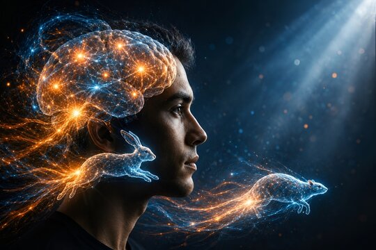Conceptual brain neural network profile of a man with glowing rabbit and rat energy waves