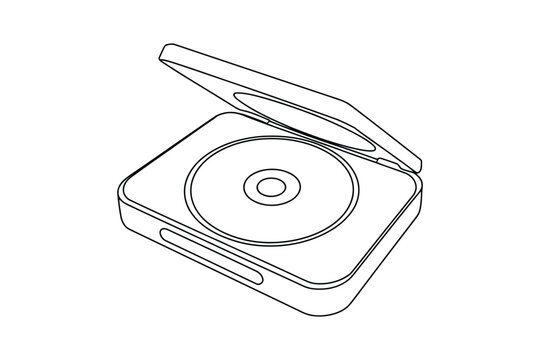 Compact disc player with a cd inside in black line art on transparent background.