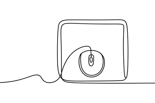 Computer mouse on mousepad drawing in single line minimalist vector.