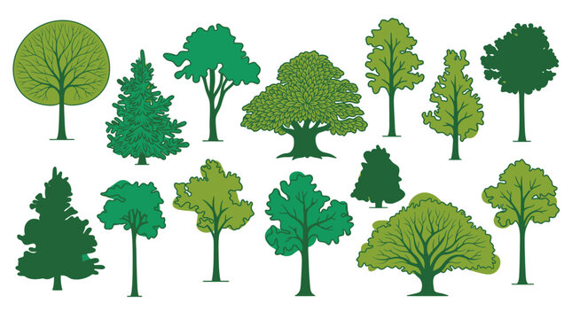 Eine Sammlung verschiedener gr&uuml;ner Baum-Illustrationen in flachem Design, isoliert auf wei&szlig;em Hintergrund, ideal f&uuml;r architektonische Visualisierungen und Landschaftsgestaltung.
