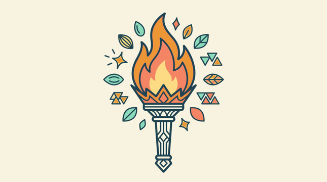 Ilustraci&oacute;n vectorial plana de una antorcha encendida con elementos decorativos geom&eacute;tricos y hojas estilizadas sobre un fondo de color crema, ideal para dise&ntilde;o gr&aacute;fico y logotipos.
