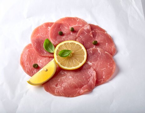 Thin slices of raw veal escalopes with lemon and capers on white parchment paper.