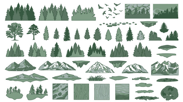 Eine umfangreiche Sammlung von gr&uuml;nen Wald- und Berg-Illustrationen, die verschiedene Baumarten, Gebirgsz&uuml;ge, fliegende Inseln und V&ouml;gel in einem stilisierten grafischen Design zeigt.