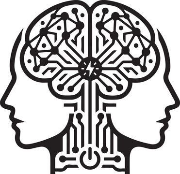 Dual Human Head AI Profile Vector Icon with Circuit Brain