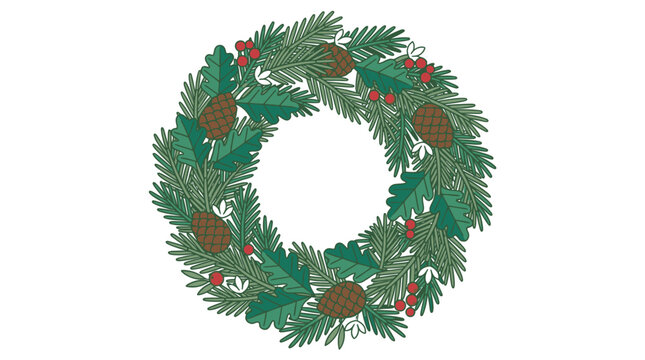 Ghirlanda natalizia illustrata con rami di pino, foglie di agrifoglio, bacche rosse e pigne su sfondo bianco, perfetta per decorazioni festive e biglietti d'auguri invernali.