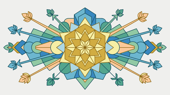 Un design ornamentale simmetrico ispirato all'Art D&eacute;co con motivi geometrici floreali stilizzati in tonalit&agrave; pastello di blu, verde e oro su uno sfondo neutro chiaro.