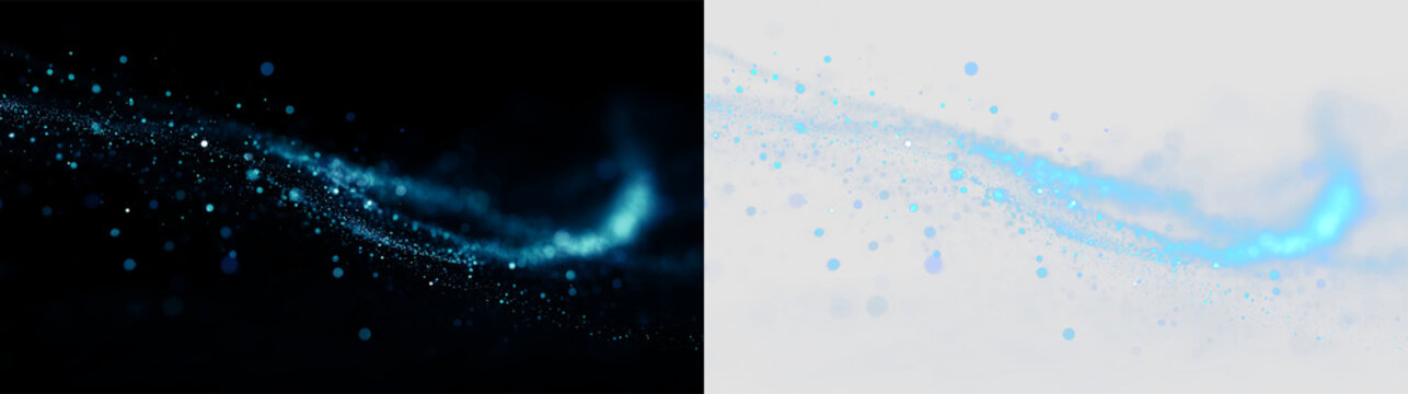 Swirling blue particles move through the air on a transparent background creating a dynamic visual effect