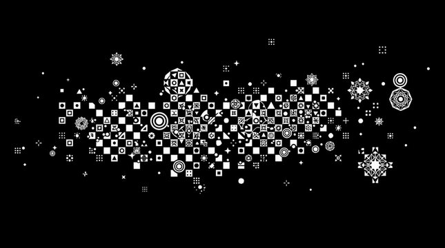 Composizione astratta di icone geometriche bianche su sfondo nero, con un motivo a scacchiera centrale circondato da simboli circolari, quadrati e stellati in stile minimalista moderno.