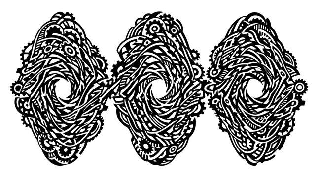 Illustration abstraite en noir et blanc compos&eacute;e de trois formes ovales complexes remplies d'engrenages m&eacute;caniques entrelac&eacute;s et de motifs tourbillonnants de style steampunk.