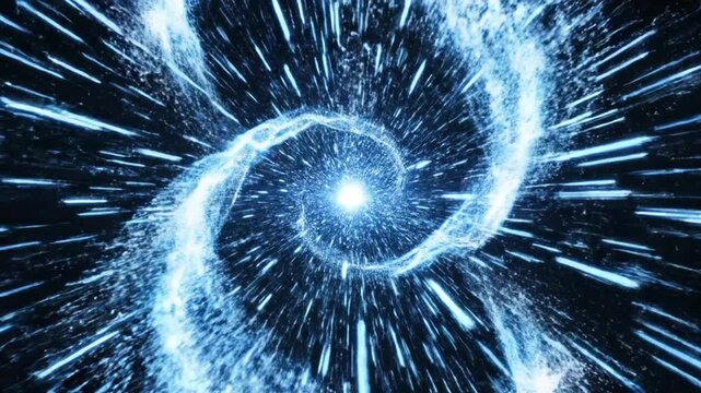 A bright blue light streaks through a dark cosmic void space