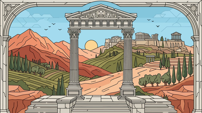 Illustration vectorielle d'un paysage de la Gr&egrave;ce antique avec des colonnes classiques, des ruines de temple sur une colline, des cypr&egrave;s et des montagnes sous un ciel ensoleill&eacute;.