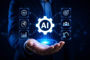Fototapeta premium Businessman hand presenting glowing ai automation hologram with gear icon and connected technology symbols on dark blue futuristic background