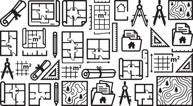 Set of architectural floor plan icons and construction drafting tools in black and white line art