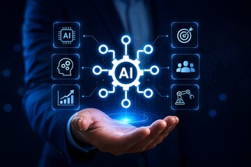 Fototapeta premium Businessman hand presenting glowing ai automation hologram with connected gear network and technology icons on dark blue futuristic background