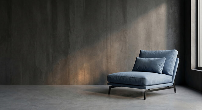 Modern Blue Lounge Chair In Minimalist Concrete Interior With Window Light