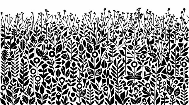 Un motivo floreale stilizzato in bianco e nero con un denso prato di fiori e foglie geometriche disegnate in uno stile grafico moderno e minimalista su sfondo bianco.