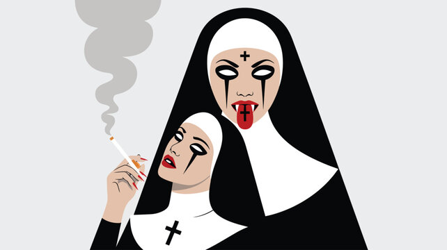 Two stylized nuns with striking makeup, tear streaks, exposed fangs, and one smoking a cigarette