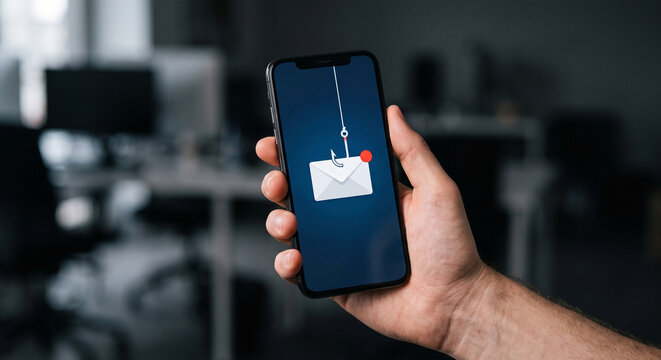 Mobile Phone Showing Phishing Email Scam Concept in a Human Hand