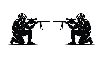 Fototapeta premium Two soldiers in tactical gear kneeling and aiming sniper rifles