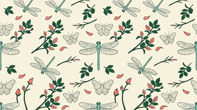 Motif r&eacute;p&eacute;titif &eacute;l&eacute;gant avec des libellules, des papillons, des branches feuillues et des boutons de fleurs roses sur un fond cr&egrave;me, id&eacute;al pour le design textile et le papier peint.