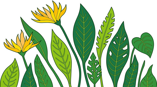 Ilustraci&oacute;n vectorial de plantas tropicales con hojas verdes variadas y flores amarillas brillantes sobre un fondo blanco, ideal para dise&ntilde;os bot&aacute;nicos y decorativos.