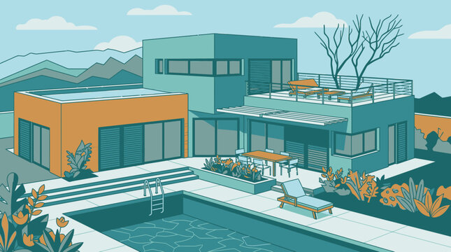 Illustration vectorielle d'une villa moderne avec piscine, terrasse sur le toit et jardin paysager, repr&eacute;sentant un style de vie luxueux et contemporain dans un cadre r&eacute;sidentiel paisible.