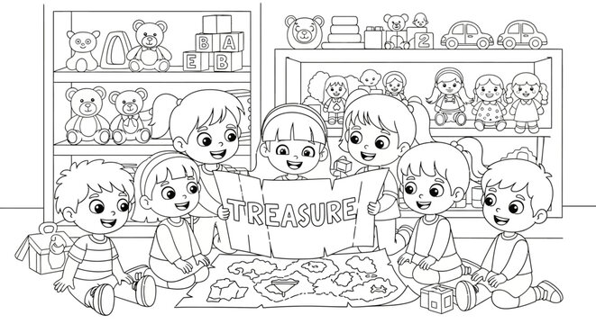 Children playing together with treasure map indoors.