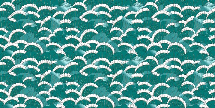 Elegant seamless pattern inspired by Hungarian thermal baths, featuring Art Nouveau waves and decorative mosaics in turquoise and white.