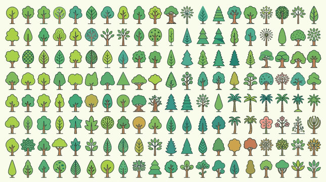 Ensemble complet de nombreuses ic&ocirc;nes d'arbres stylis&eacute;es et color&eacute;es, pr&eacute;sentant une grande vari&eacute;t&eacute; de formes, de feuillages et d'esp&egrave;ces v&eacute;g&eacute;tales pour des projets de design graphique.