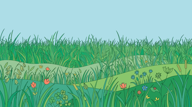 Illustrazione vettoriale di un prato verde rigoglioso con fiori selvatici colorati, erba alta e un cielo azzurro sereno, ideale per sfondi naturali e design primaverili.