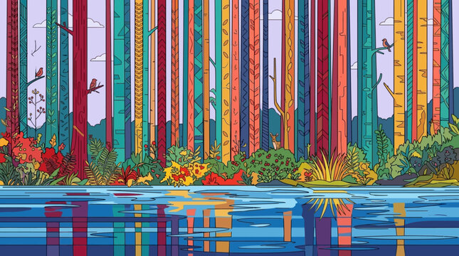 Ilustraci&oacute;n vectorial de un bosque fant&aacute;stico con &aacute;rboles de colores vibrantes y patrones geom&eacute;tricos reflejados en un lago tranquilo, creando una escena natural surrealista y art&iacute;stica.