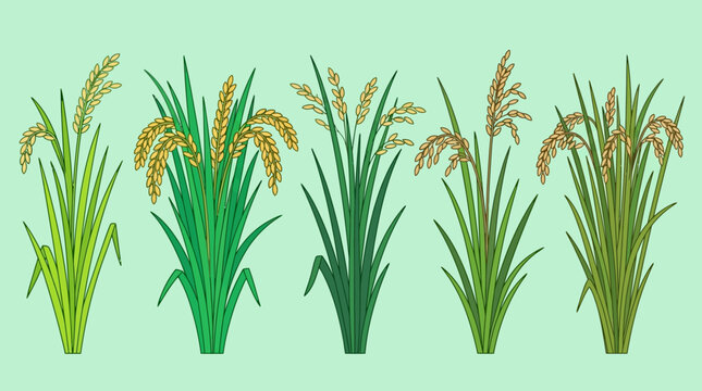 Ensemble d'illustrations vectorielles repr&eacute;sentant cinq plants de riz matures avec des &eacute;pis dor&eacute;s sur un fond vert clair, id&eacute;al pour des designs agricoles ou culinaires.