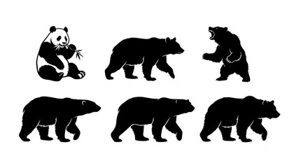 Black bear, panda silhouettes, wildlife icons, animal graphics, 6 piece set © Farmanfor