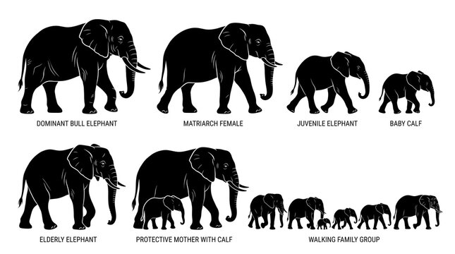 Elephant silhouettes, various poses and ages, black icons, set of 7