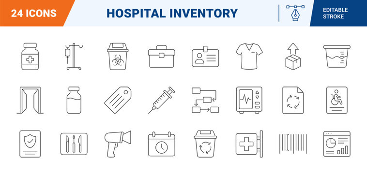 Hospital inventory control line icon set. Vector pictograms of medical supply, stock management, logistics tracking, and healthcare equipment elements, thin linear illustration.