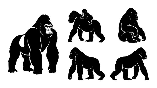 Gorilla silhouettes, black monkey icons, 5 animal graphics, wildlife symbols, vector illustrations