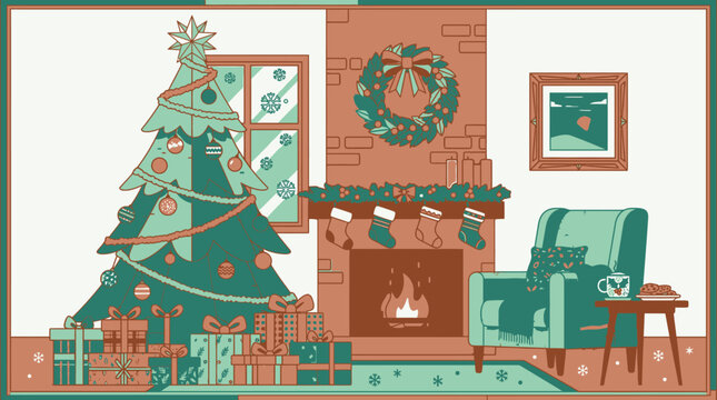 Eine gem&uuml;tliche weihnachtliche Wohnzimmer-Illustration mit einem geschm&uuml;ckten Weihnachtsbaum, einem brennenden Kamin, Geschenken und einem bequemen Sessel f&uuml;r eine festliche Stimmung.