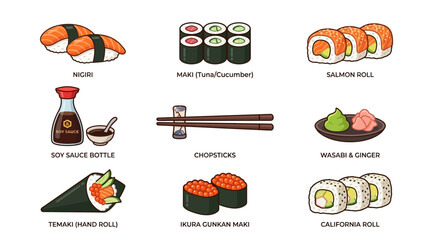 Japanese sushi roll and food vector illustration set © Iffa