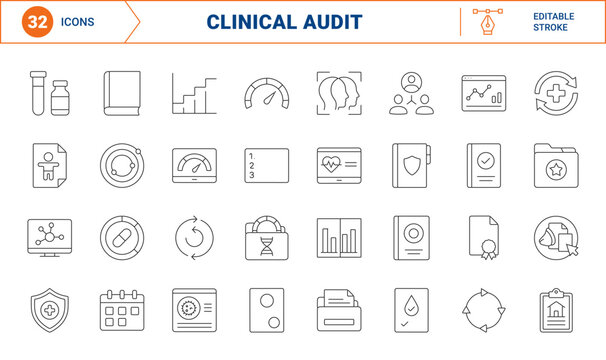 Clinical audit program line icon set. Vector pictograms of medical compliance, healthcare quality assurance, patient record review, and clinical performance elements, thin linear illustration.