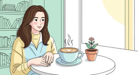 Woman enjoying a coffee in a cozy cafe with bookshelves © Janda Anyar