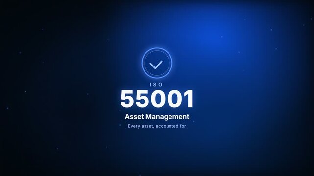 Asset Management ISO 55001 Certification Badge Kinetic Typography Motion Graphic Animation with Glowing Ring and Checkmark on Blue Background